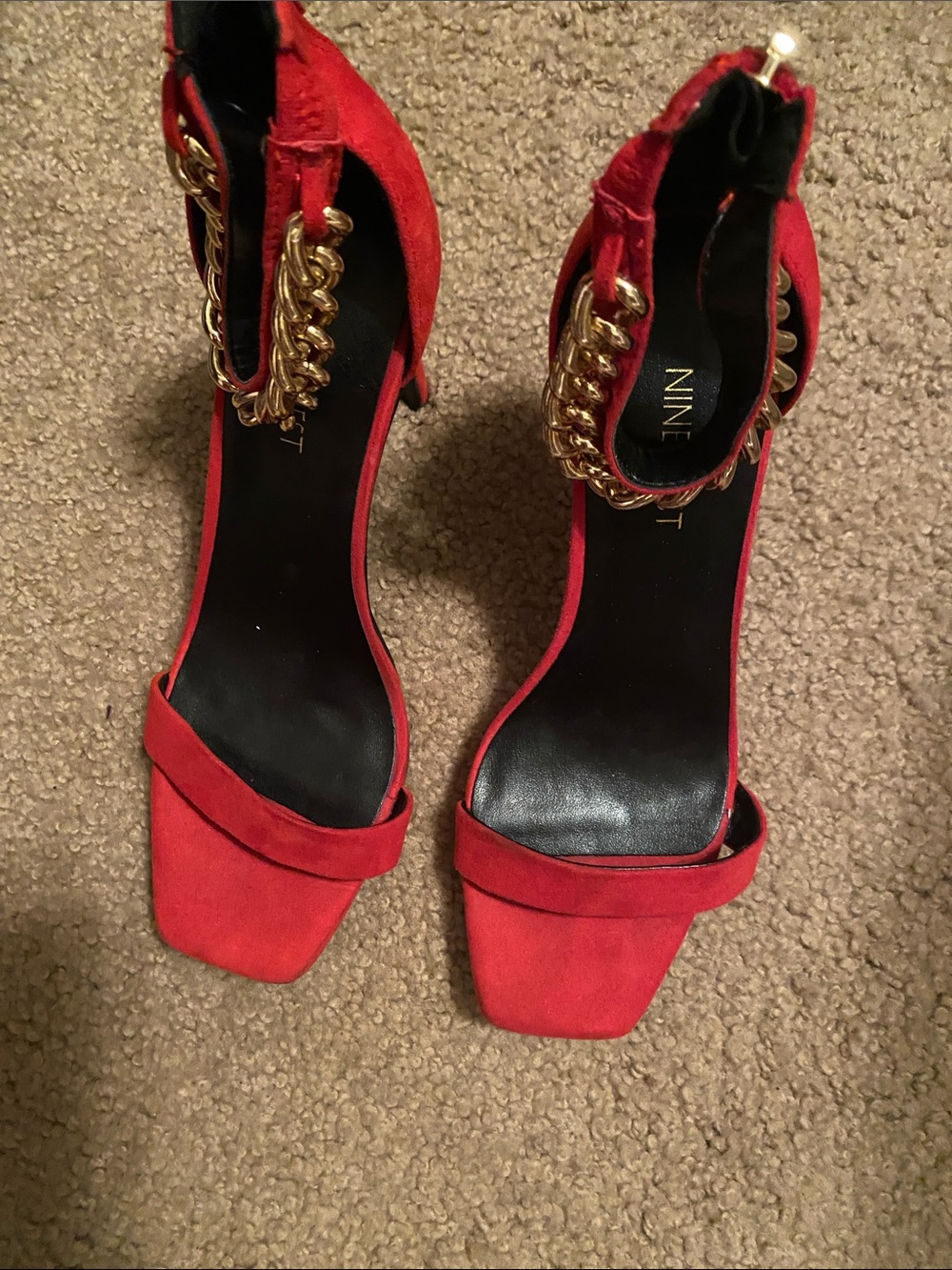 Nine West Red Suede Heels with Gold Chain Ankle Accent